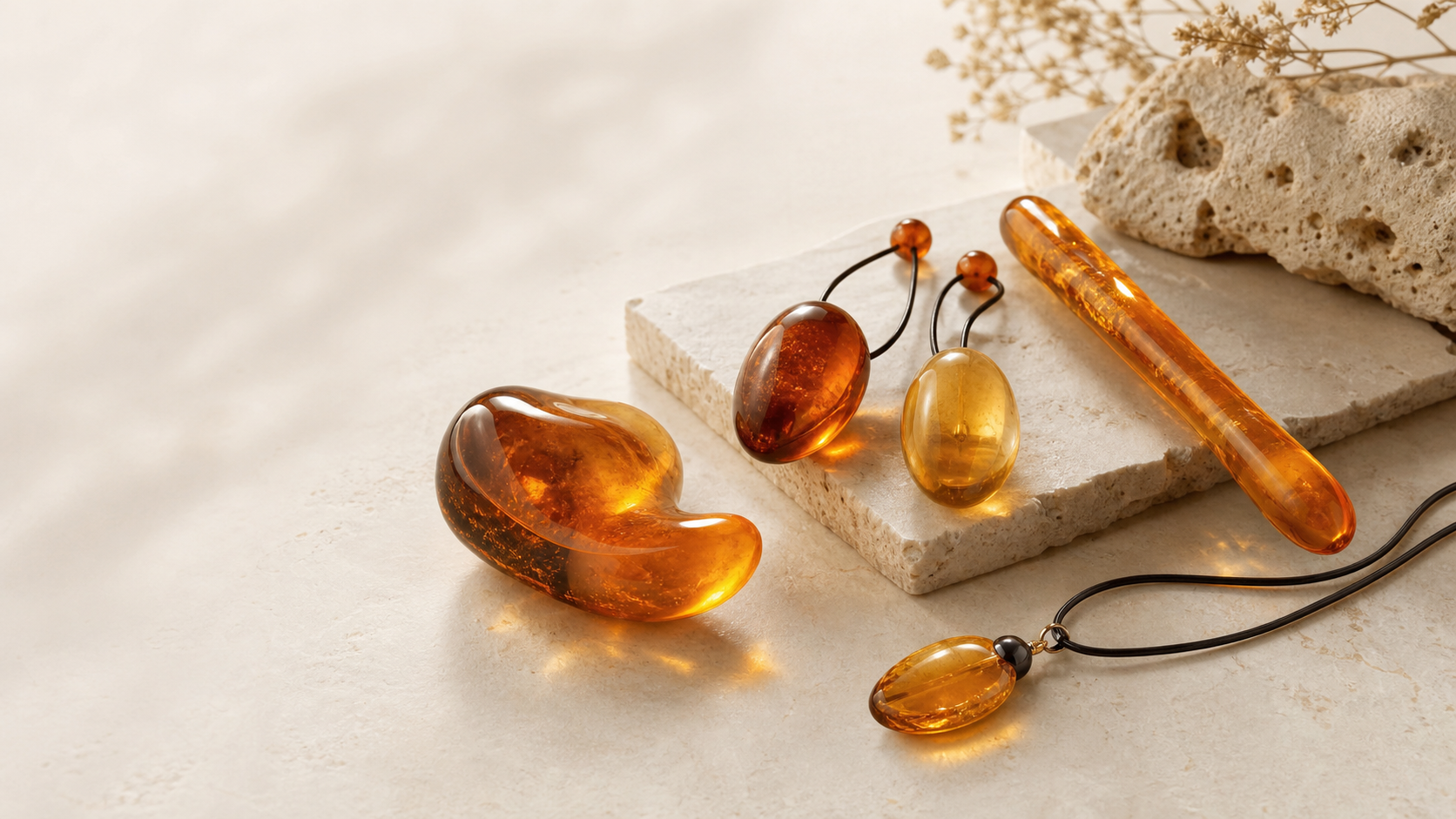 Polished Baltic amber wellness objects arranged as premium jewelry